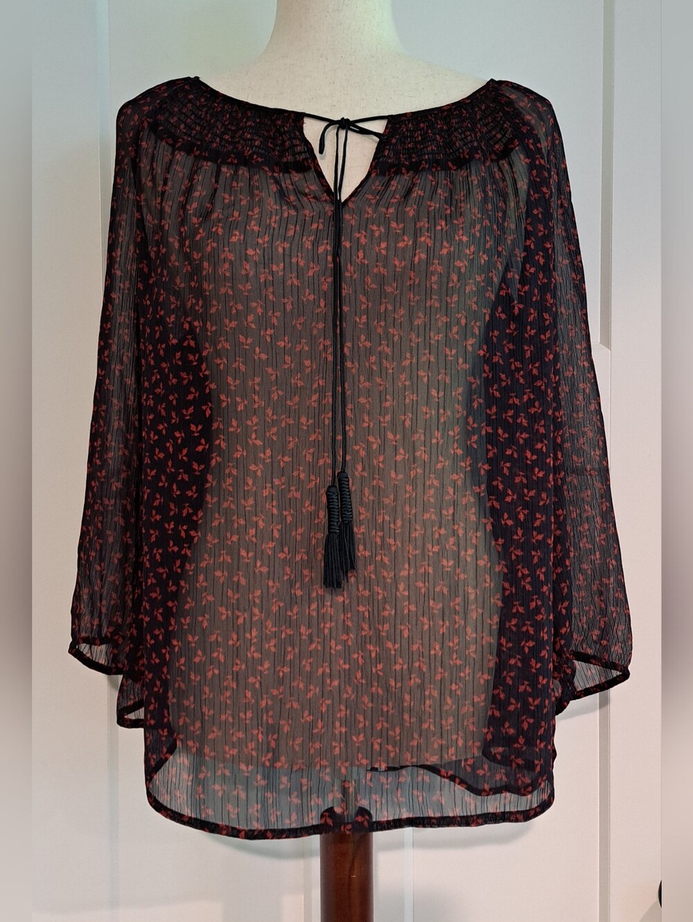 NEW Semi-Sheer Floral Boho Tunic Blouse (Navy Blue/Red) - St. Johns Bay